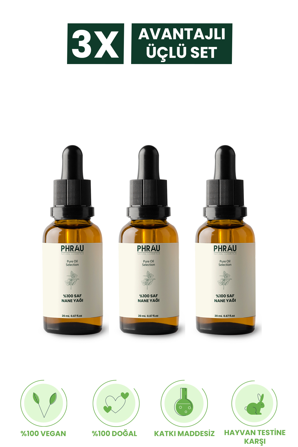 PHRAU %100 Saf Ve Doğal Nane Uçucu Yağı 20 Ml Avantajlı 3’lü Set